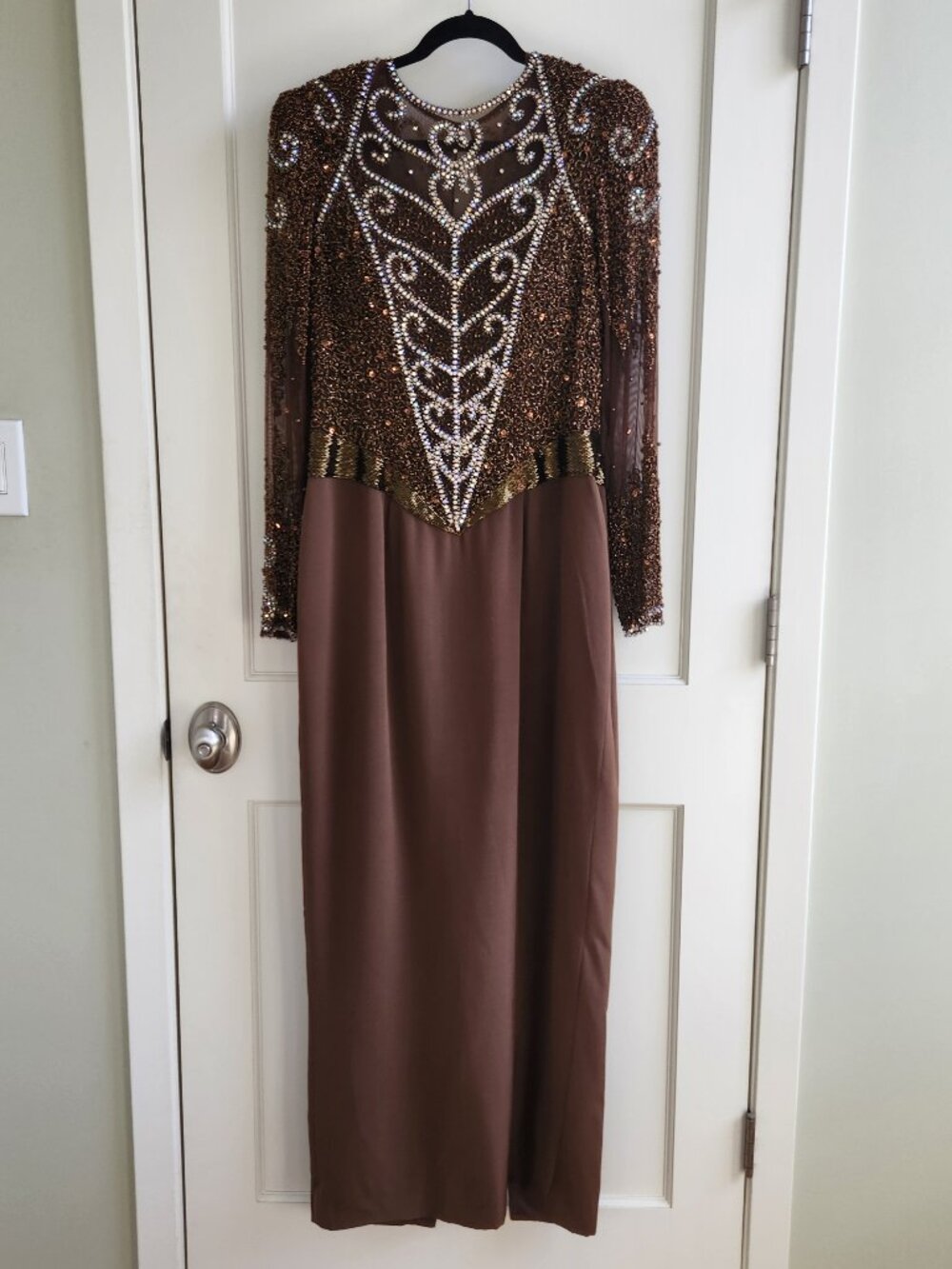 Vintage 80s Clare’s Collection Approx Size 10 Silk Beaded Rhinestone Formal Gown